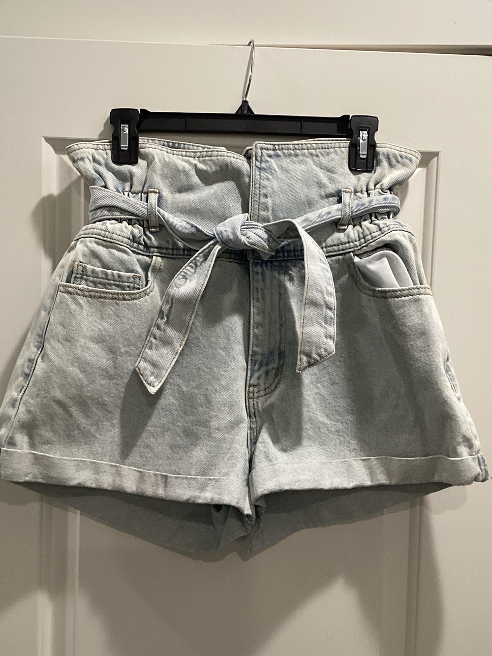 Forever 21 Light Blue High-Waist Paperbag Denim Shorts with Tie